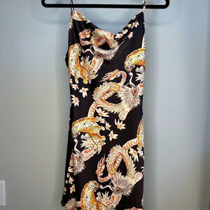 Urban Outfitters Mallory Dragon Silk Orange + Black Mini Slip Dress